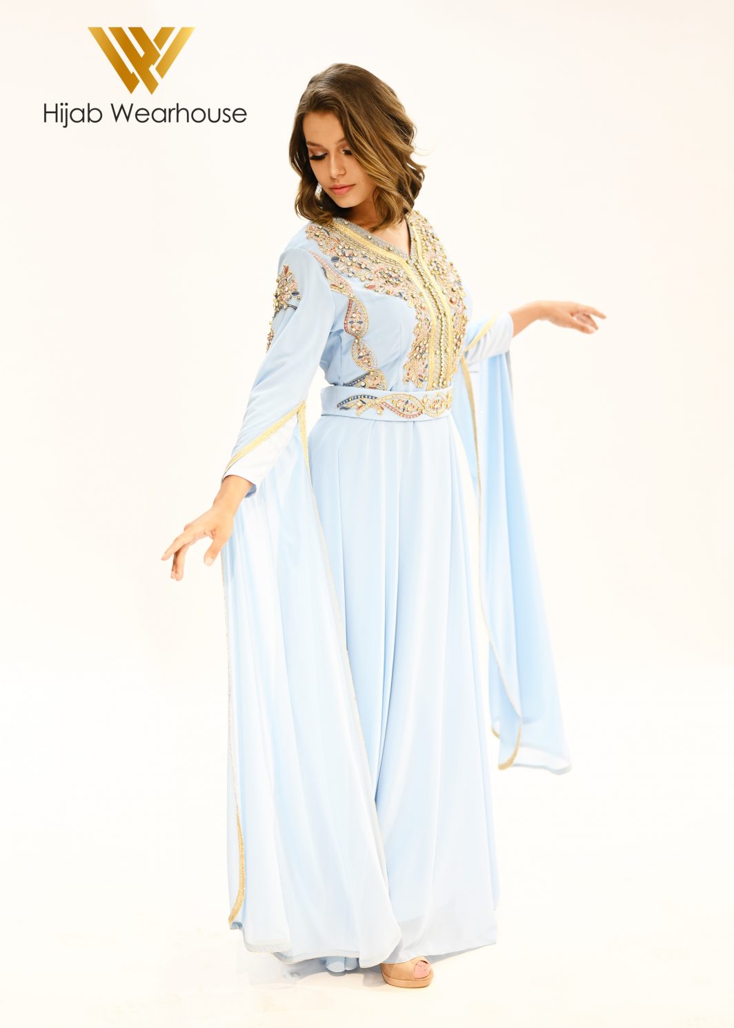 Dubai Kaftan Long Sleeve Dress - Water Blue